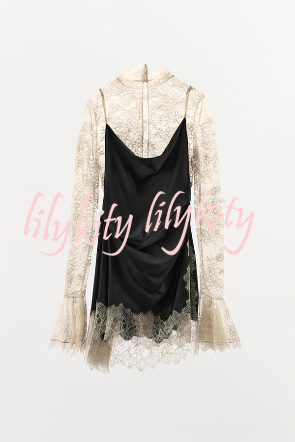 Gothic Romantic Lace Satin Patchwork High Neck Bell Sleeve Loose Mini Dress
