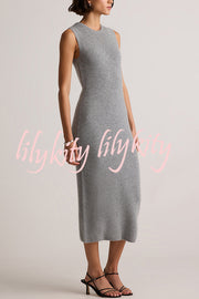 Soft and Warm Cashmere Ribbed Knit Sleeveless Midi Sweater Dress