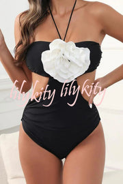 Halter Neck Three Dimensional Flower One Piece Swimsuit