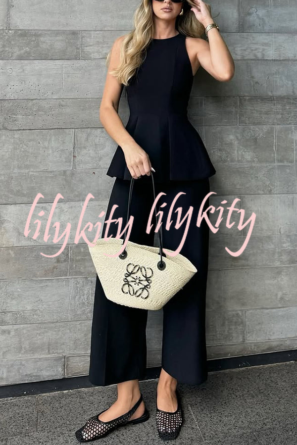 Solid Color Round Neck Sleeveless Casual Top and Loose Straight Pants Set
