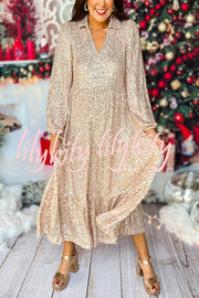 Christmas Elegant Sequin Long Sleeve V Neck Midi Dress