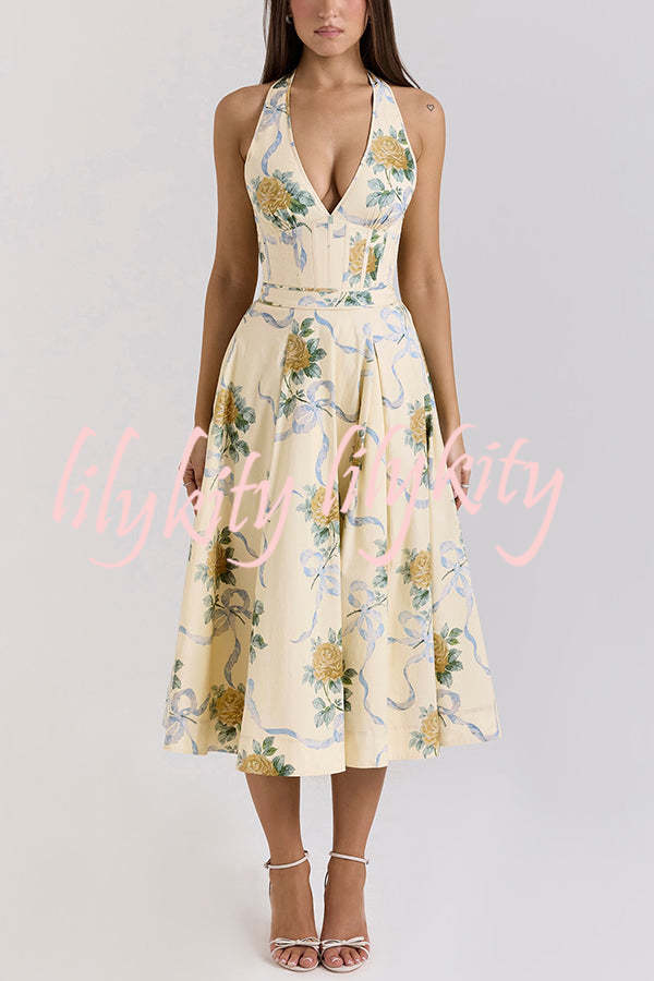 Resort Star Floral Print Waist Halterneck Tie Pocket Midi Dress