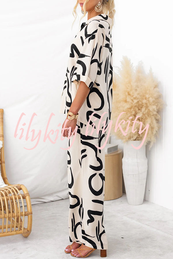 Irregular Printed Button Pocket Long Sleeved Shirt and Elastic Waist Pants Set