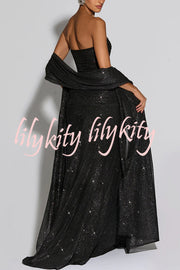 Paula Sequined Mesh and Jersey Off Shoulder Ruched Knot Drape Shawl Maxi Dress