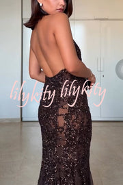 Twilight Gleam Sequin Textured Tulle Hem Halter Backless Maxi Dress