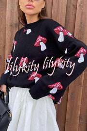 Mushroom Pattern Casual Loose Round Neck Knitted Sweater