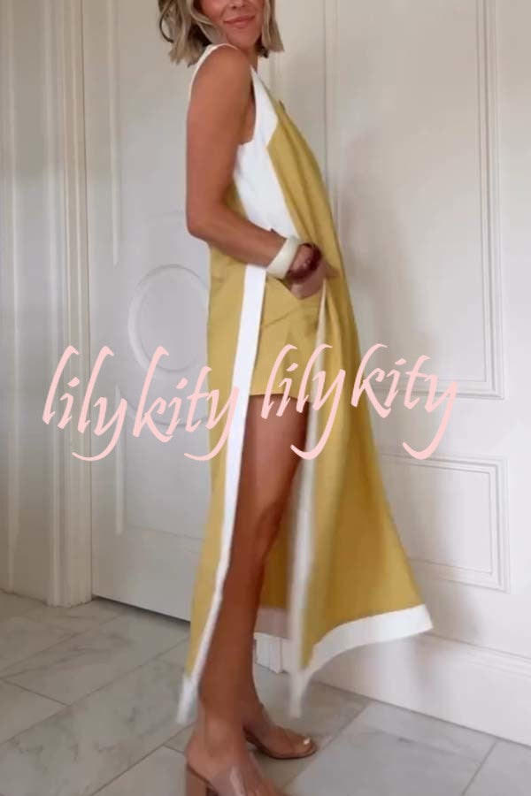Ellie Contrast Color Sleeveless Midi Top and Elastic Waist Pocket Shorts Set