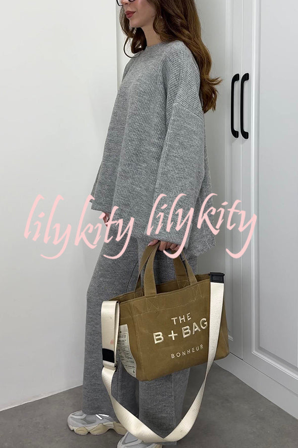 Solid Color Loose Long-sleeved Knit Top and Elastic Waist Casual Straight Leg Pants Set