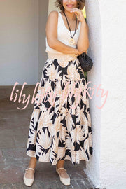 Resort Style Botanical Print Elastic Waist Loose Stitching Midi Skirt