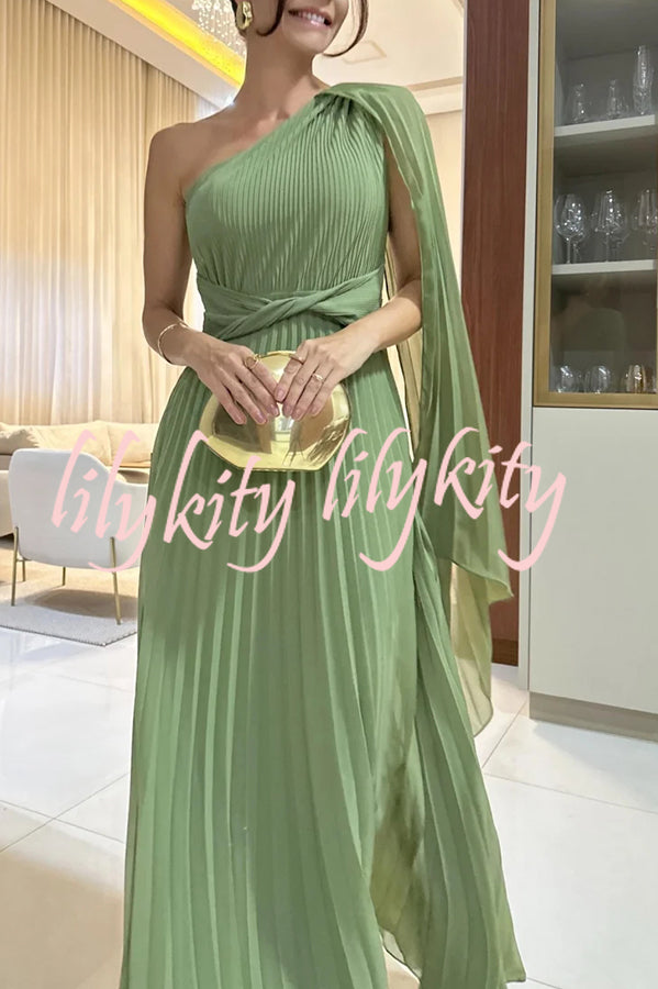 Kate Pleated One Shoulder Drape Sleeve Twist Waist Maxi Dress