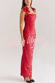 Holiday Intimacy Embroidered Floral Lace Bow Shoulder Straps Slit Maxi Dress