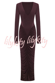 Sexy See-through Long-sleeved V-neck Pleated Slim-fit Maxi Dress