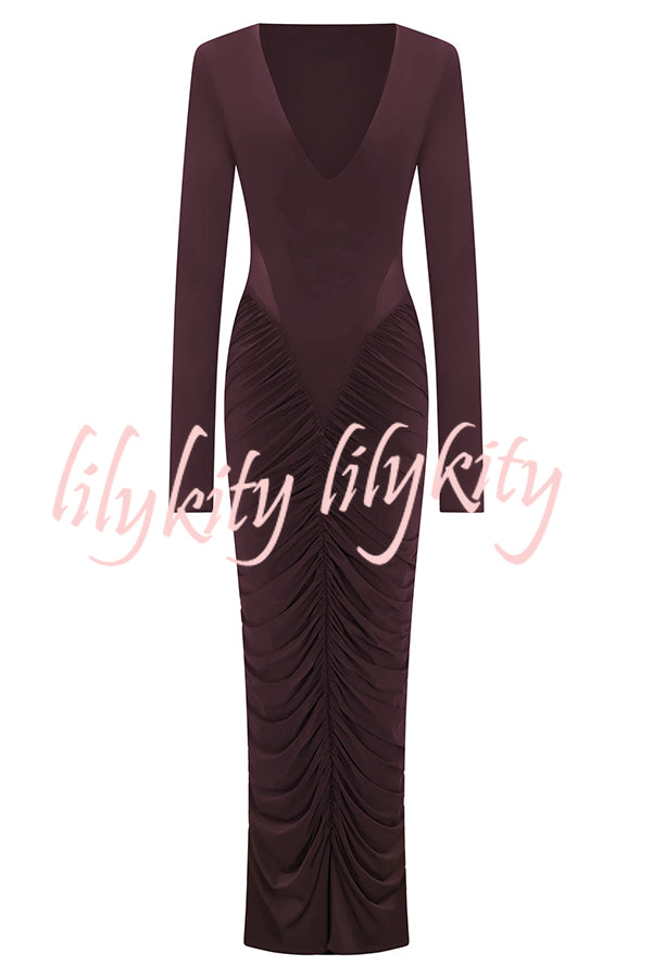 Sexy See-through Long-sleeved V-neck Pleated Slim-fit Maxi Dress