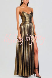 Goddess Temperament Metallic Pleated Fabric Off Shoulder Slit Maxi Dress