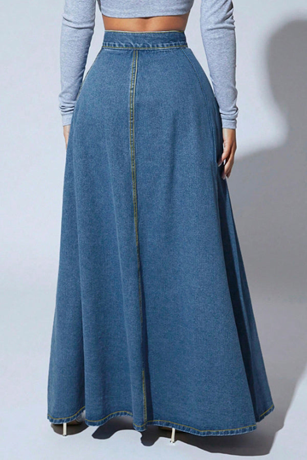 Fashion Metal Single-Breasted Casual Denim Maxi Skirt