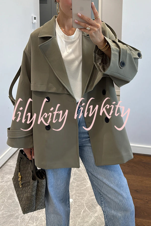 Modern Urban Dropped Shoulder Strap Button Detail Belted Lapel Loose Trench Coat