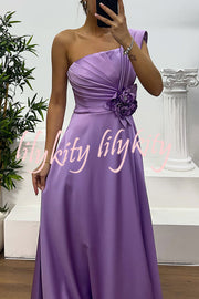 Nasha Satin Pleated One Shoulder Petal Gemstone Detail Pocket Slit Maxi Dress