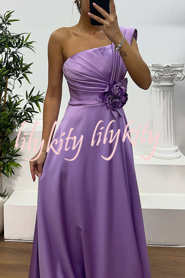 Nasha Satin Pleated One Shoulder Petal Gemstone Detail Pocket Slit Maxi Dress