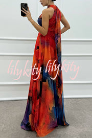 Elaine Tulle Floral Splash Print Cutout Halter Tie-up Neck Gown Maxi Dress