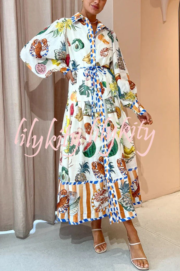 Hopeful Moments Tropical Fruit Print Balloon Sleeve Patchwork Shirt Midi Dress