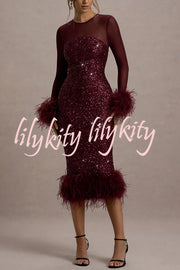 Glamor and Drama Mesh Sequin Patchwork Feather Trim Stretch Midi Dress