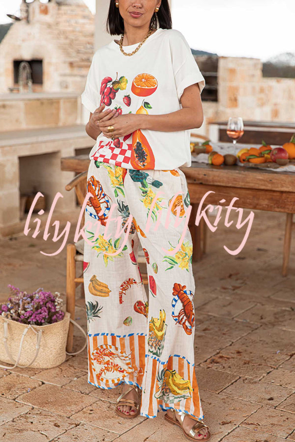Unique Printed Elastic Waist Pocket Vacation Casual Wide Leg Pants