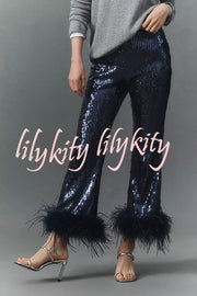 New Year Eve Sequin Feather Trim High Rise Back Zipper Flare Pants