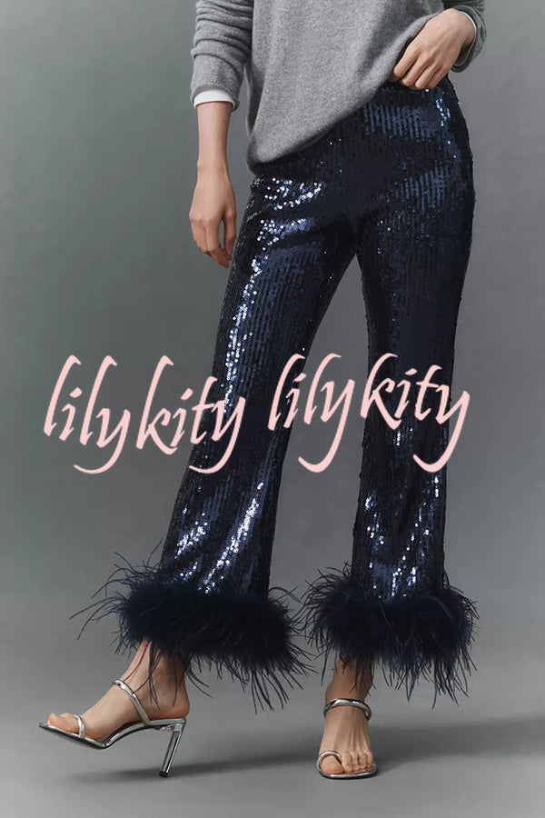 New Year Eve Sequin Feather Trim High Rise Back Zipper Flare Pants
