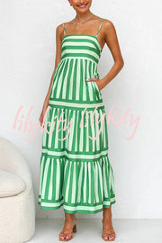 Beachy Dreams Striped Print Back Smocked Pocket A-line Slip Midi Dress