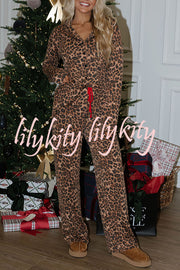 Paige Ribbed Leopard Print Loose Shirt and Elastic Waist Pocketed Pajama Set