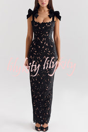 Holiday Intimacy Embroidered Floral Lace Bow Shoulder Straps Slit Maxi Dress