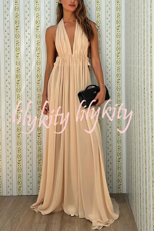 Ethereal Moment Tulle Cutout Ruched Waist Backless Halter Maxi Dress