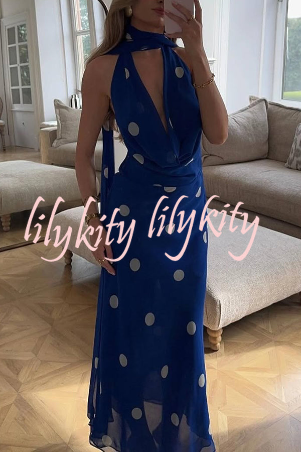 Fashion Polka Dot Print Sexy Halter Neck Backless Maxi Dress