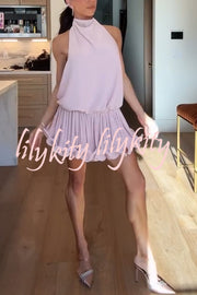 Ballerina Chic High Cowl Neck Pleated Wavy Ruffles Hem Backless Mini Dress