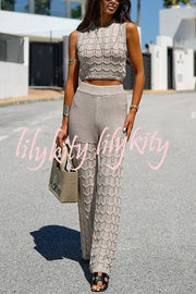 Solid Color Hollow Sleeveless Round Neck Knitted Vest and Stretch Casual Straight Pants Set