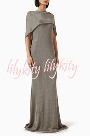 Fit and Elegance Fine Shimmering Fabric Open Cowl Back Draped Neckline Maxi Dress