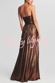 Goddess Temperament Metallic Pleated Fabric Off Shoulder Slit Maxi Dress