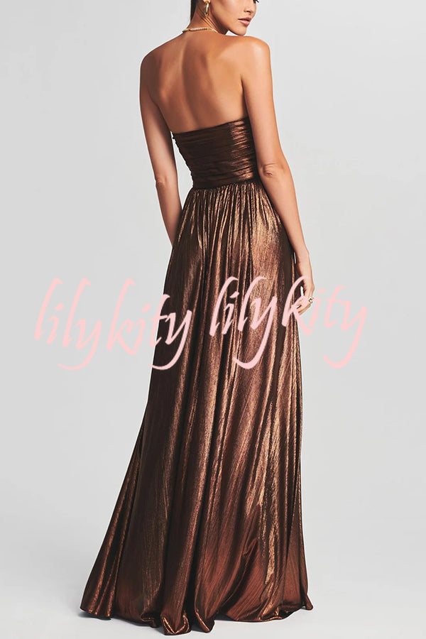 Goddess Temperament Metallic Pleated Fabric Off Shoulder Slit Maxi Dress