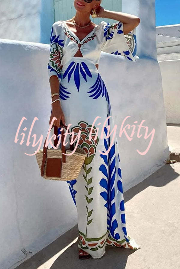 Linen Blend Unique Printed V-Neck Hollow Backless Lace-Up Holiday Maxi Dress