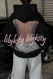 Fashionable Shiny Mesh Hollow Back Loose Long-sleeved Hooded Sweatshirt