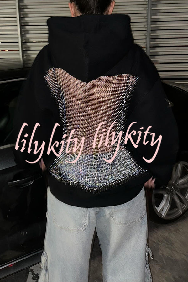 Fashionable Shiny Mesh Hollow Back Loose Long-sleeved Hooded Sweatshirt