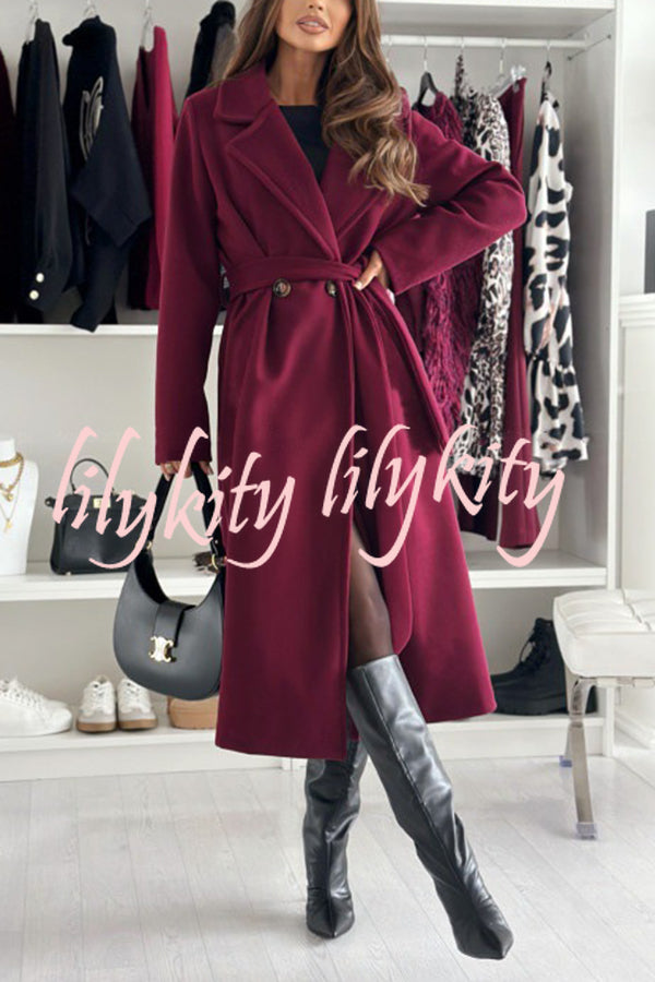 Solid Color Lapel Long Sleeve Waist Tie Long Coat