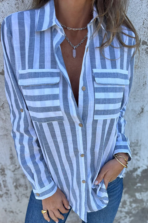 Striped Print Casual Pocket Shirt Top