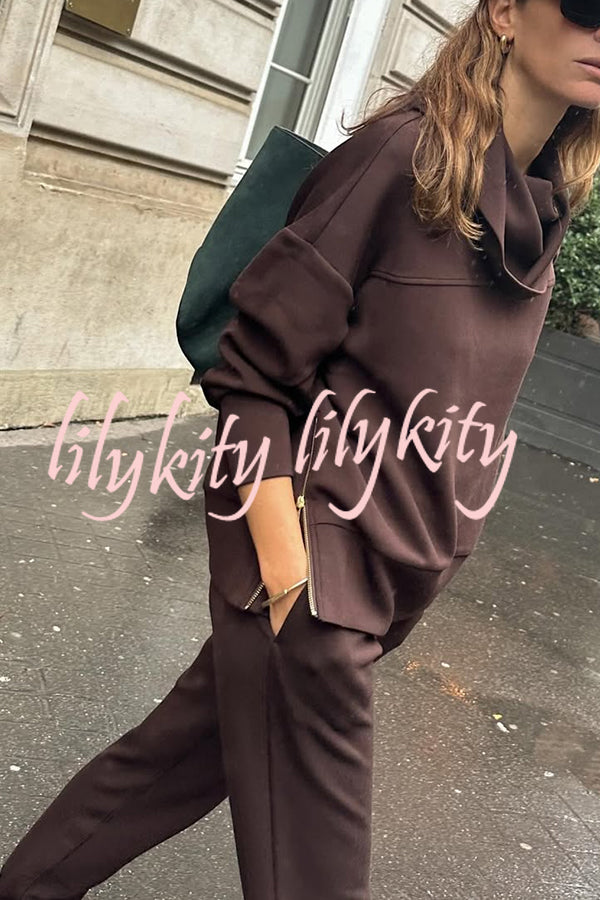 Afternoon Tea Time Turtleneck Side Zipper Sweatshirt and Elastic Waist Pocketed Loose Jogger Set