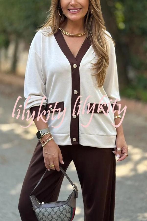 Stylish Color-blocked V-neck Knitted Button-down Cardigan and Elastic Waist Casual Wide-leg Pants Set