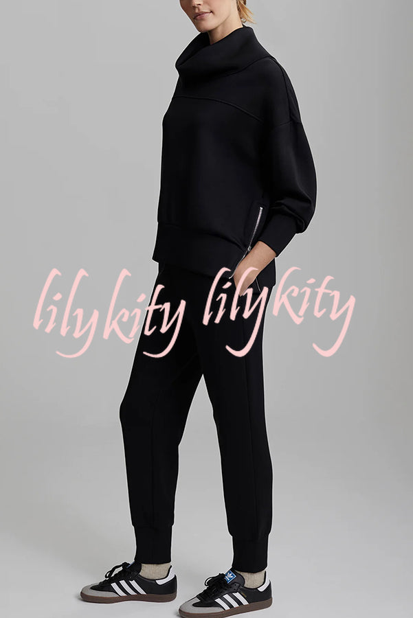 Afternoon Tea Time Turtleneck Side Zipper Sweatshirt and Elastic Waist Pocketed Loose Jogger Set