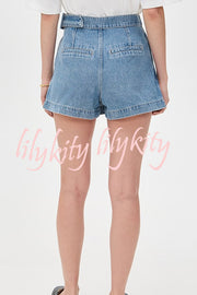 Fall for That Denim Faux Wrap Buckle Tie Pocketed Mini Shorts