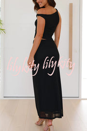 Solid Color Mesh Splicing Waist-baring Slim Maxi Dress