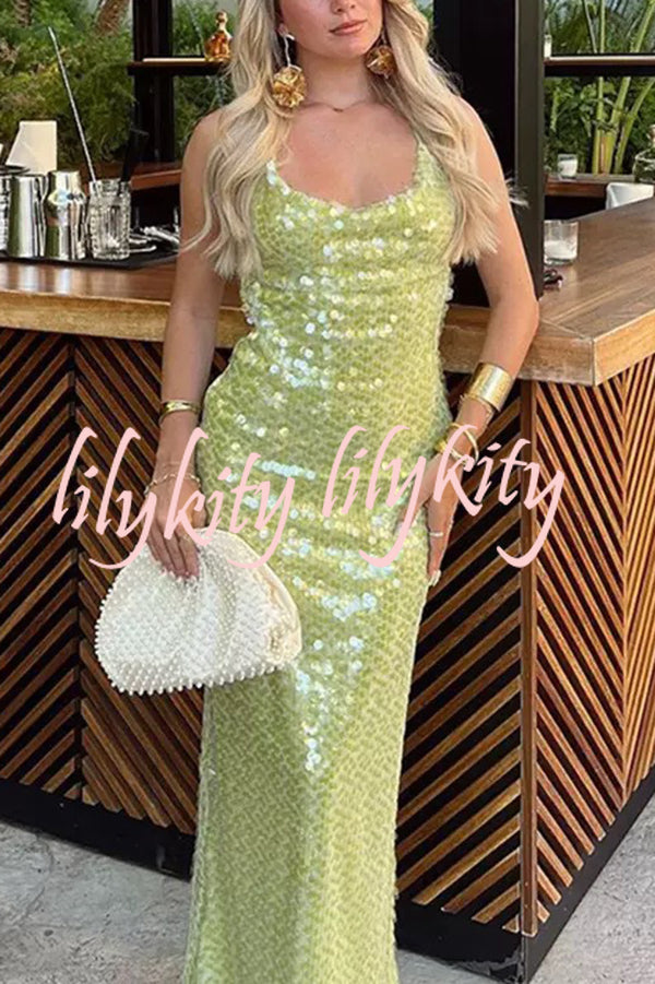 Fashionable Sequined Sexy Open Back Slim Maxi Dress