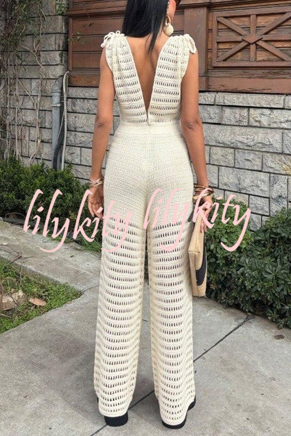 Solid Color Knitted V-neck Holiday Hollow Casual Jumpsuit